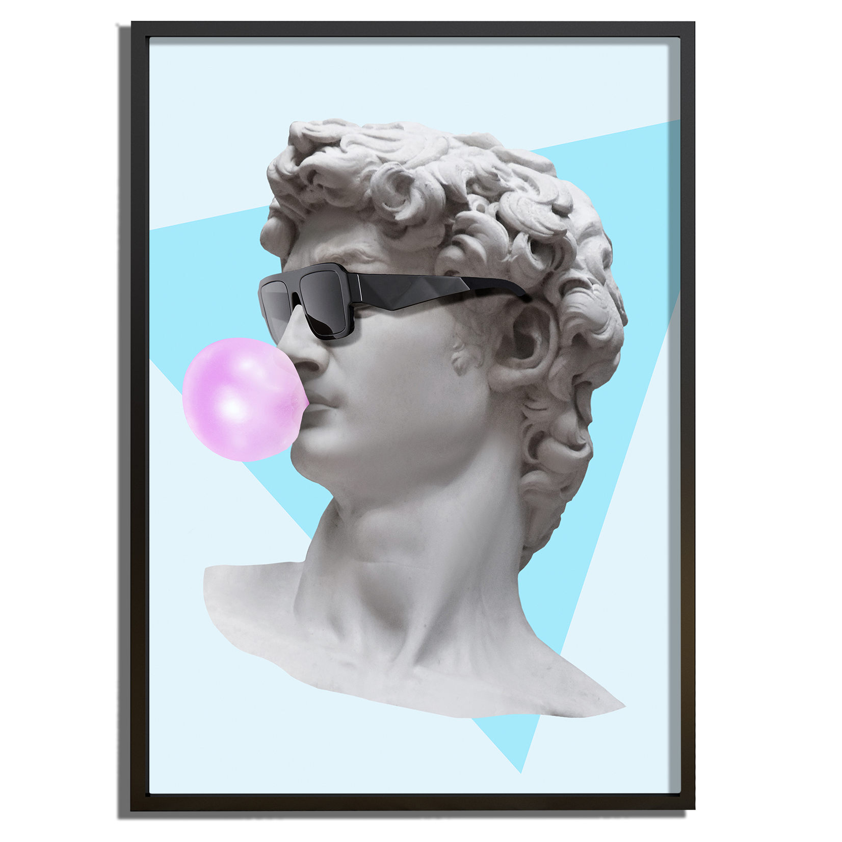 Pop art wanddecoratie van Michelangelo’s David met zonnebril en kauwgombel