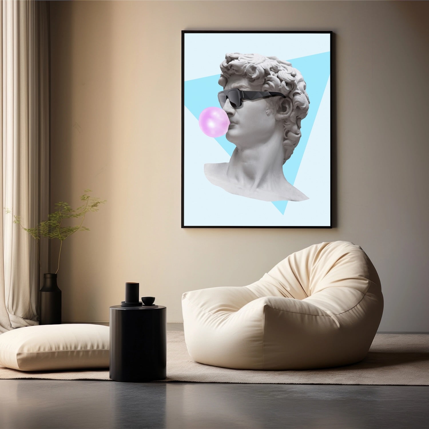 Moderne woonkamer met pop art schilderij van David met kauwgombel
