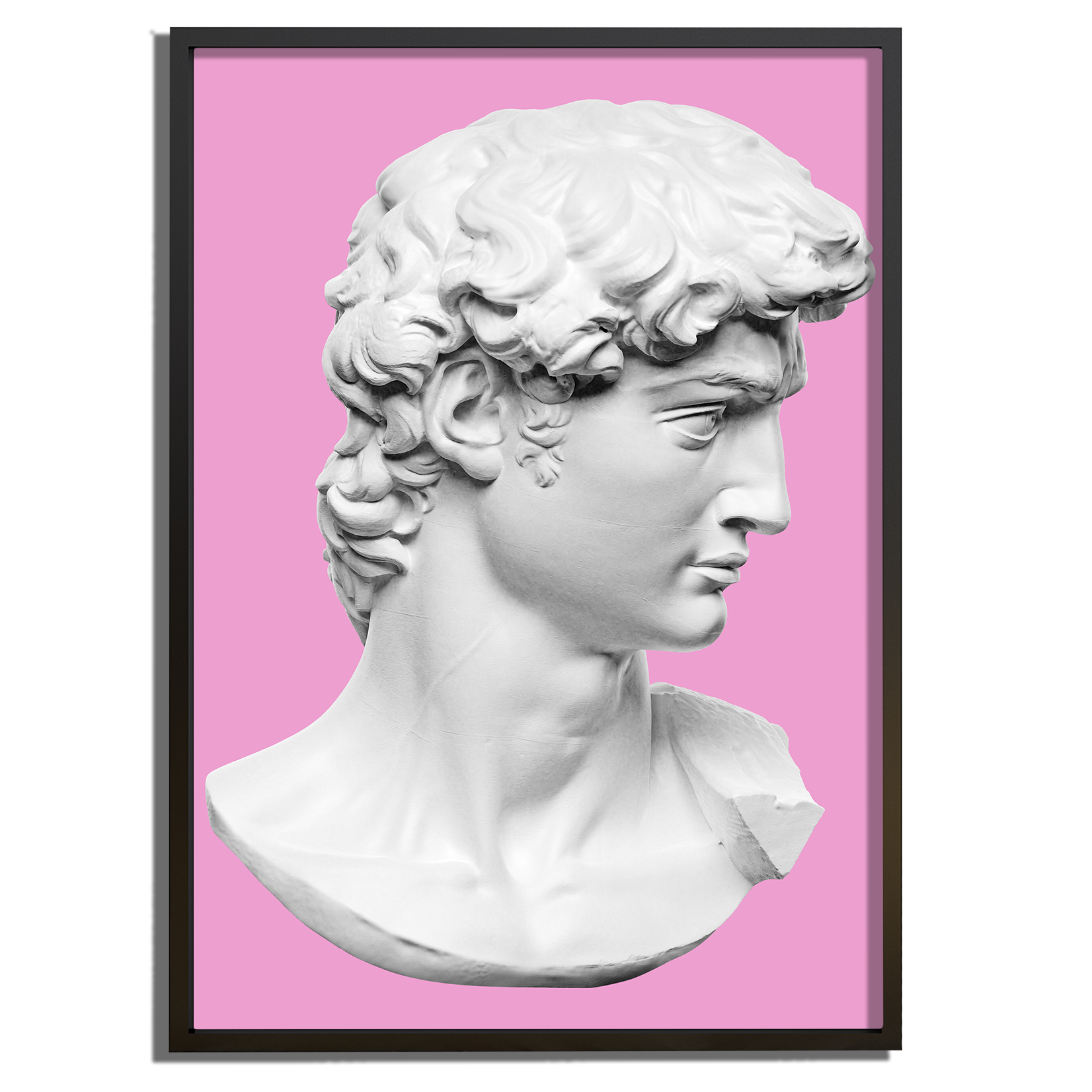 Close-up van het kunstwerk ‘David in Neon’ met een neonroze achtergrond en Michelangelo’s David in moderne pop-art stijl