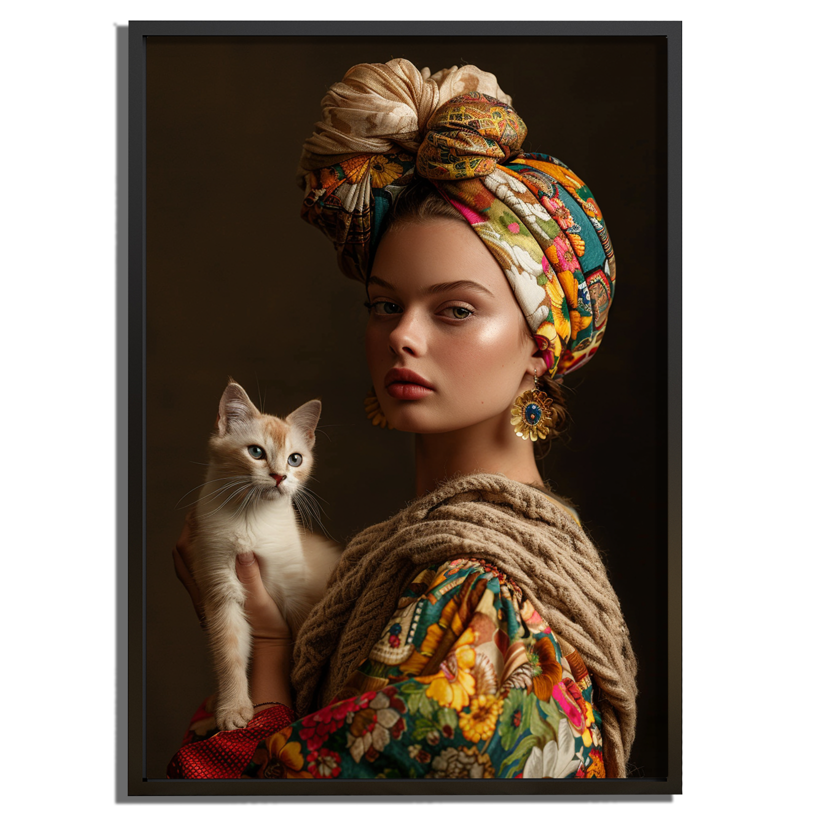 Close-up van het stijlvolle kunstwerk "Feline Elegance" met een jonge vrouw, kleurrijke kleding, elegante tulband en een sierlijke kat.
