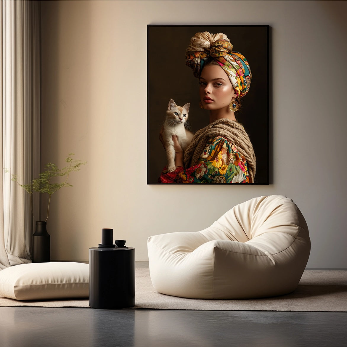 Foto in warm interieur van het stijlvolle kunstwerk "Feline Elegance" met een jonge vrouw, kleurrijke kleding, elegante tulband en een sierlijke kat.