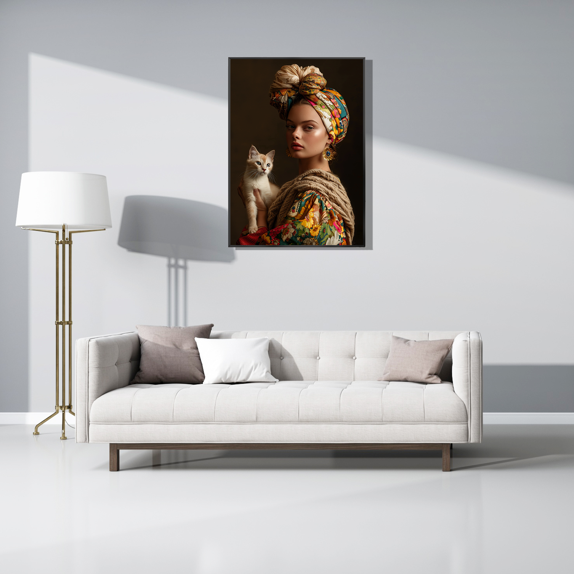 Wanddecoratie "Feline Elegance" sfeervol afgebeeld boven een moderne witte bank in een helder, strak interieur.