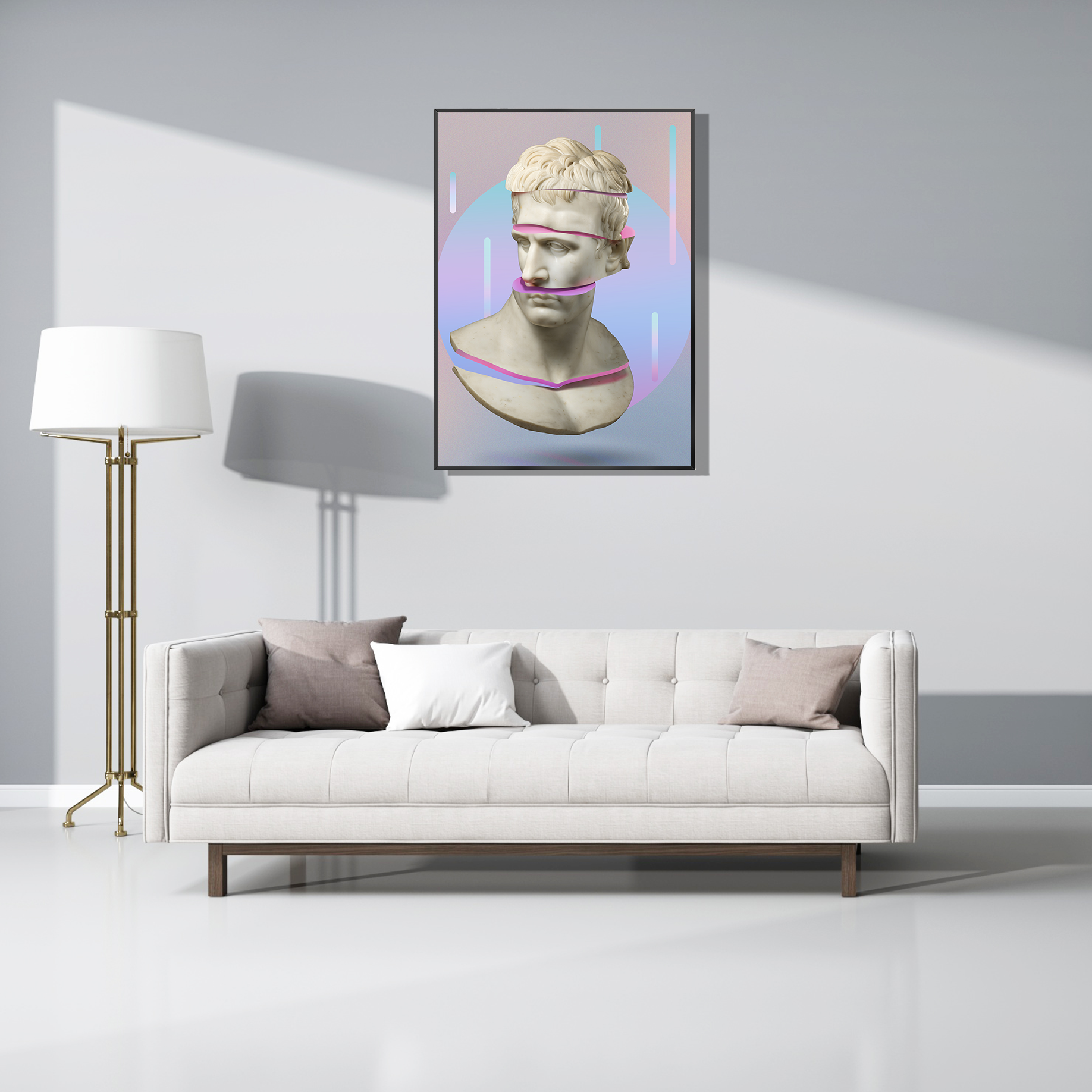 Wanddecoratie "Fragmented Napoleon" uit de Pop Icons collectie elegant gepresenteerd boven een witte designbank.
