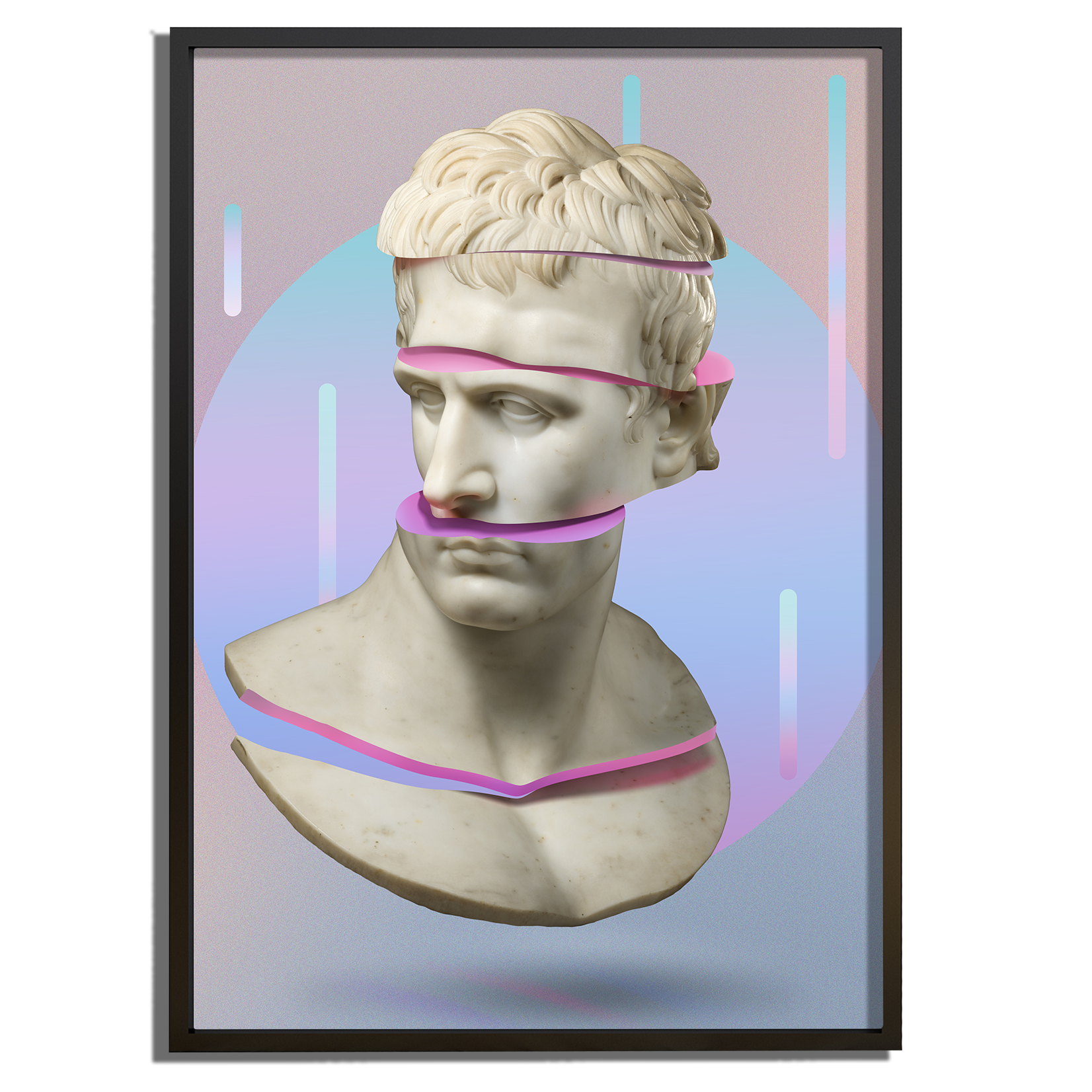 Close-up van het kunstwerk "Fragmented Napoleon" uit de Pop Icons collectie, met een klassieke buste in levendige pop-art kleuren.
