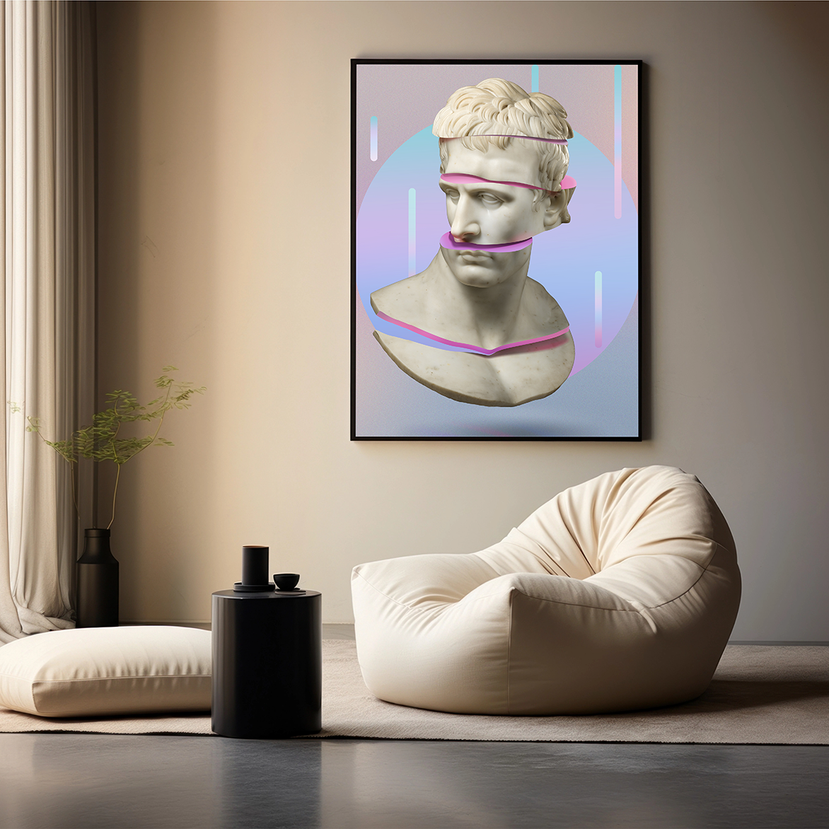  Het kunstwerk "Fragmented Napoleon" uit de Pop Icons collectie, stijlvol weergegeven boven een zitzak in een minimalistische woonkamer.