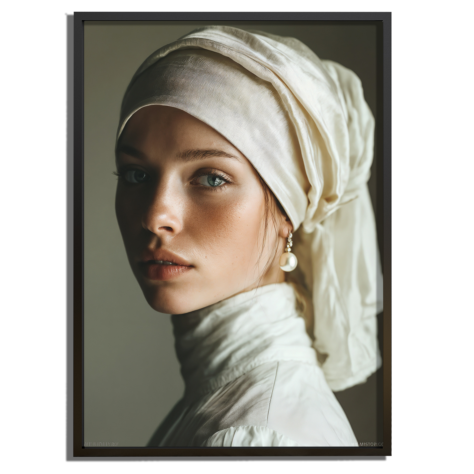 Close-up van het kunstwerk "Ivory Grace" met een jonge vrouw in een ivoorkleurige tulband en pareloorbel, elegant en tijdloos.