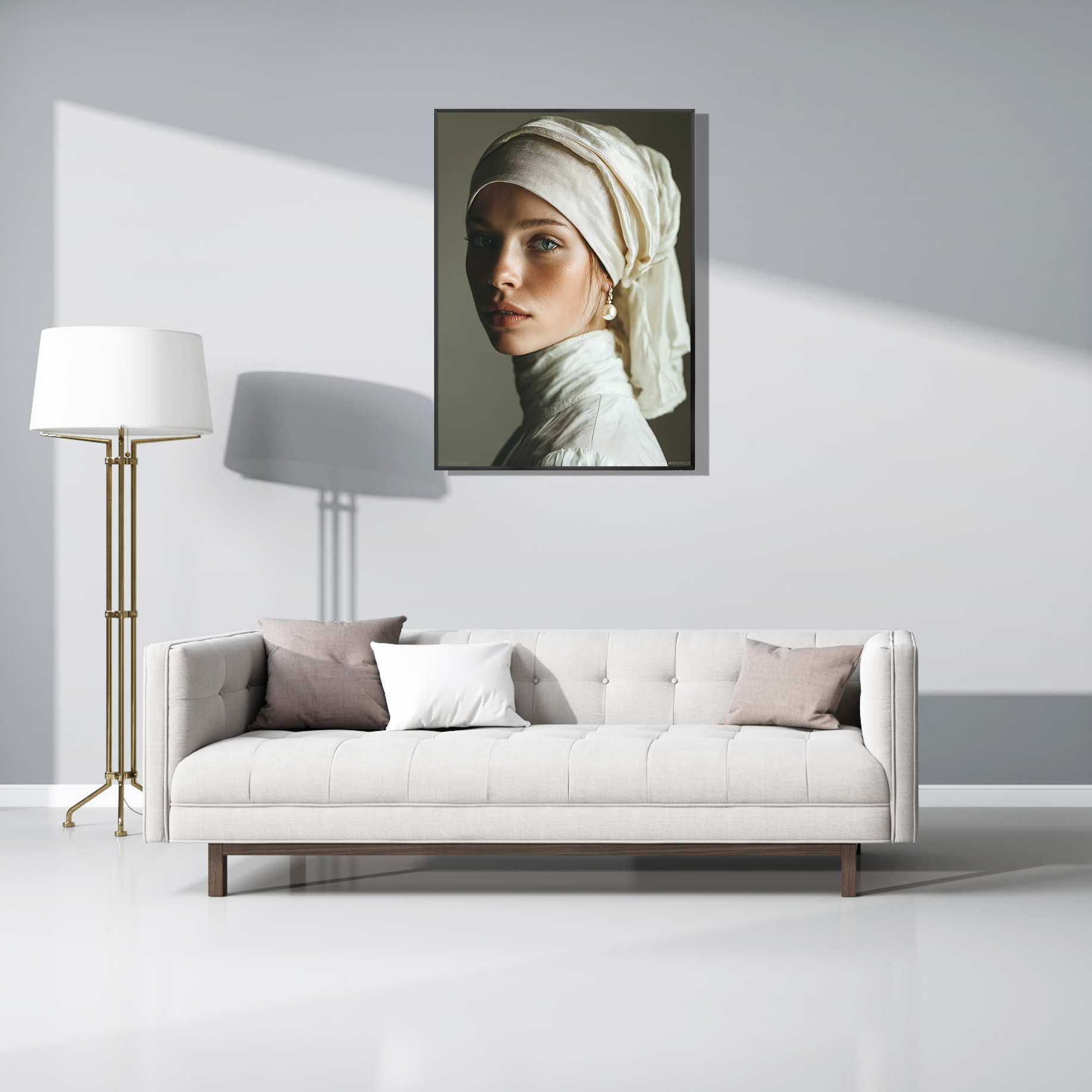 Wanddecoratie "Ivory Grace" elegant getoond boven een witte bank in een licht en minimalistisch interieur.