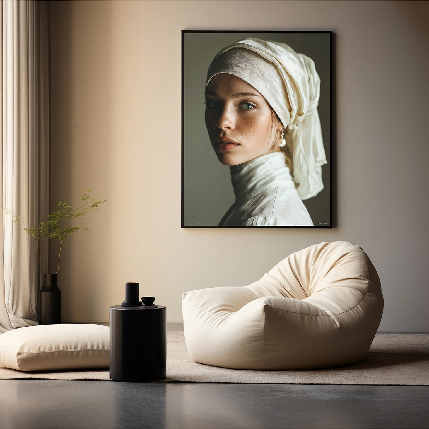 Het kunstwerk "Ivory Grace" afgebeeld in een moderne woonkamer met beige zitzak en minimalistische styling.
