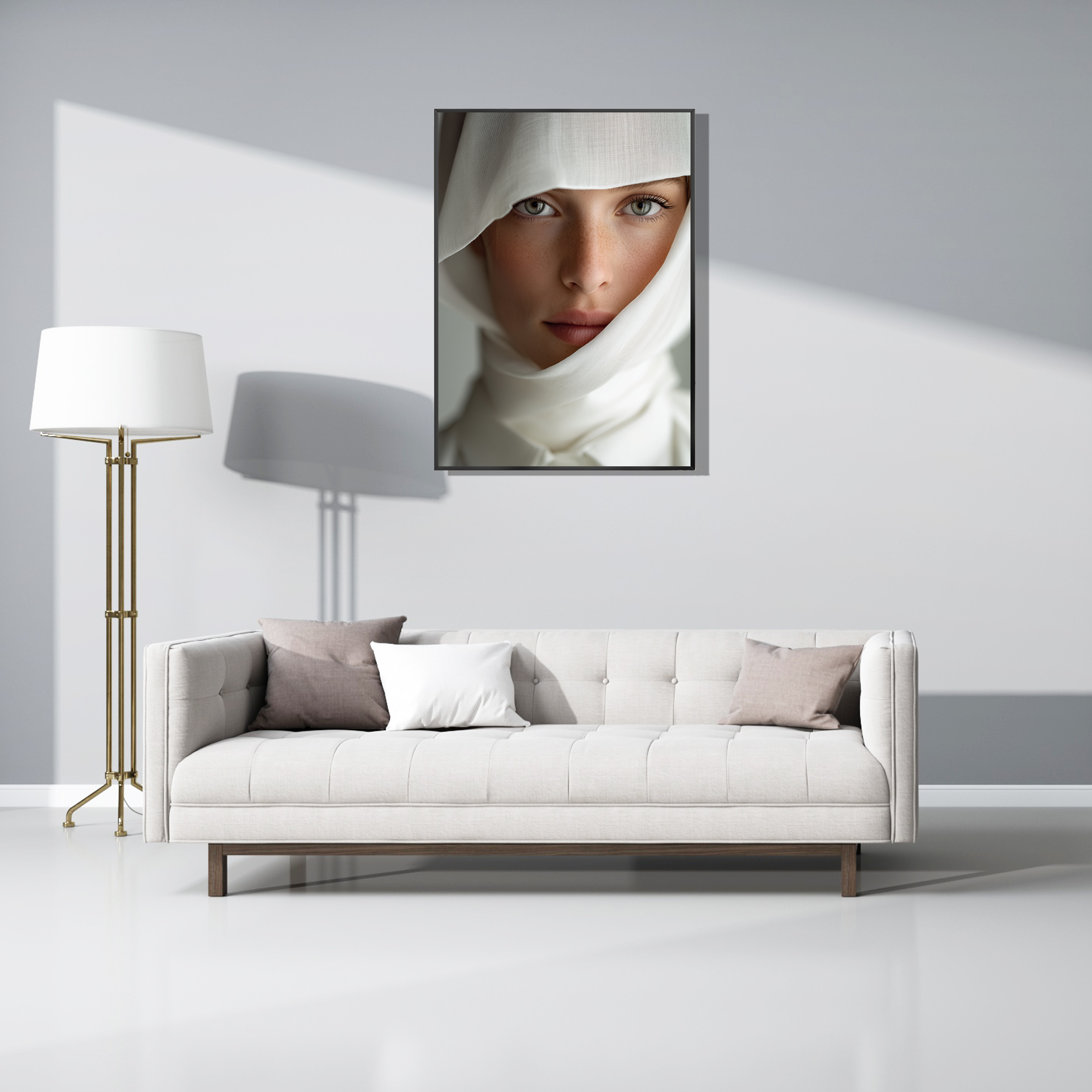 Wanddecoratie "Luminous Silence" uit de ICONIQUE collectie afgebeeld boven een moderne witte bank in een strak en stijlvol interieur.