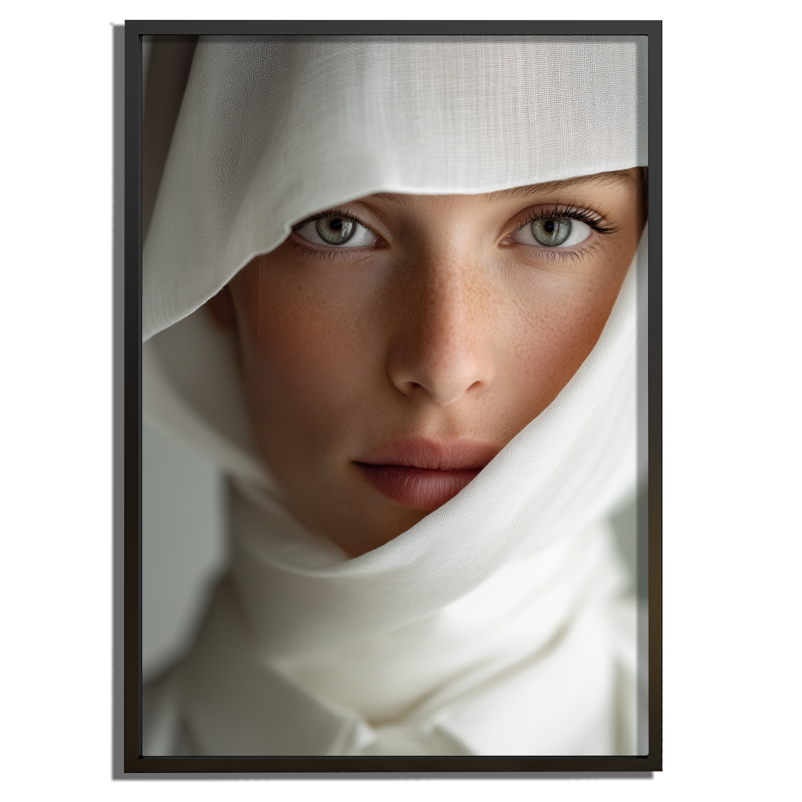 Close-up van het kunstwerk "Luminous Silence" uit de ICONIQUE collectie, met een vrouw in een witte sluier en een serene, luxe uitstraling.