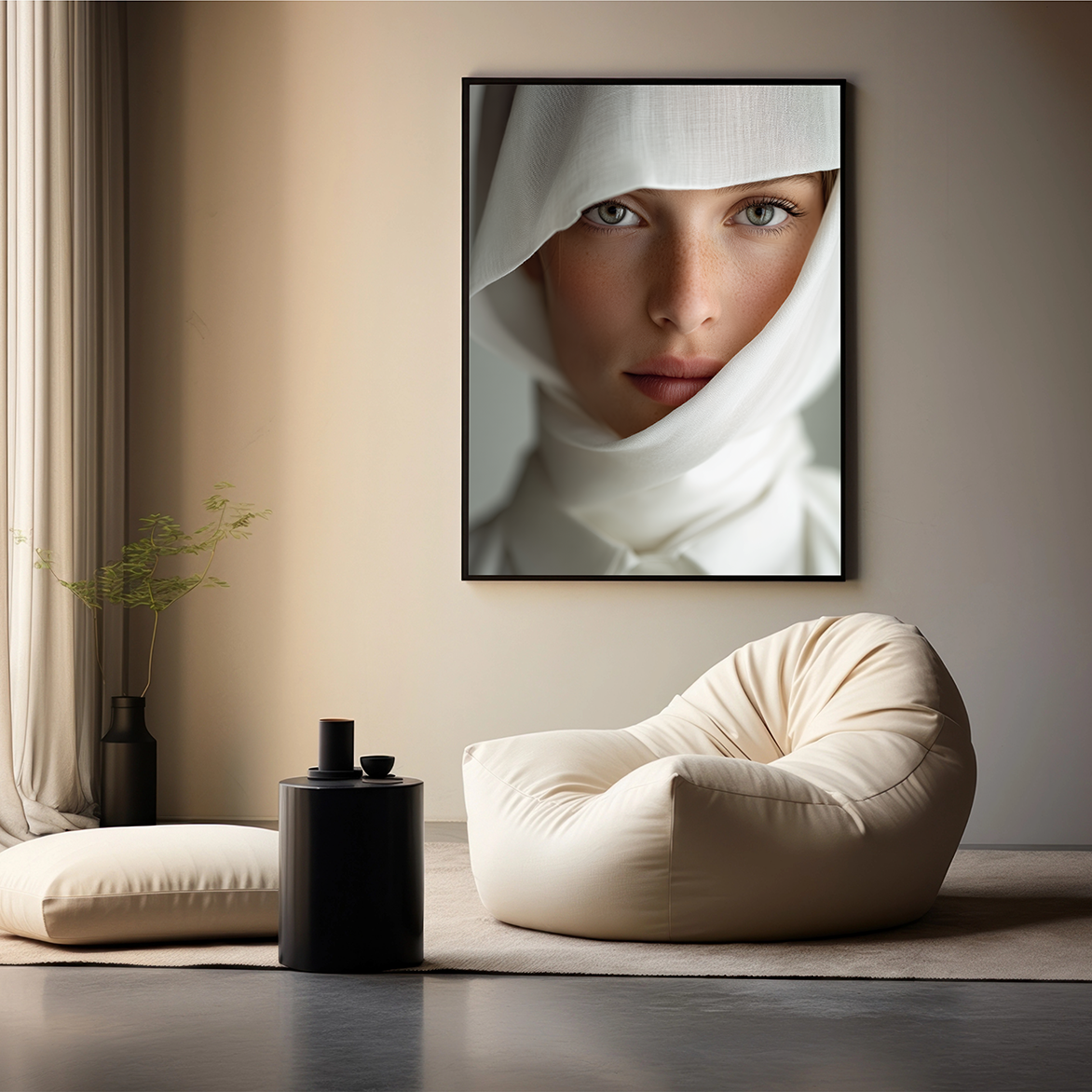 Het kunstwerk "Luminous Silence" elegant weergegeven in een moderne woonkamer met een zachte beige zitzak en minimalistische inrichting.