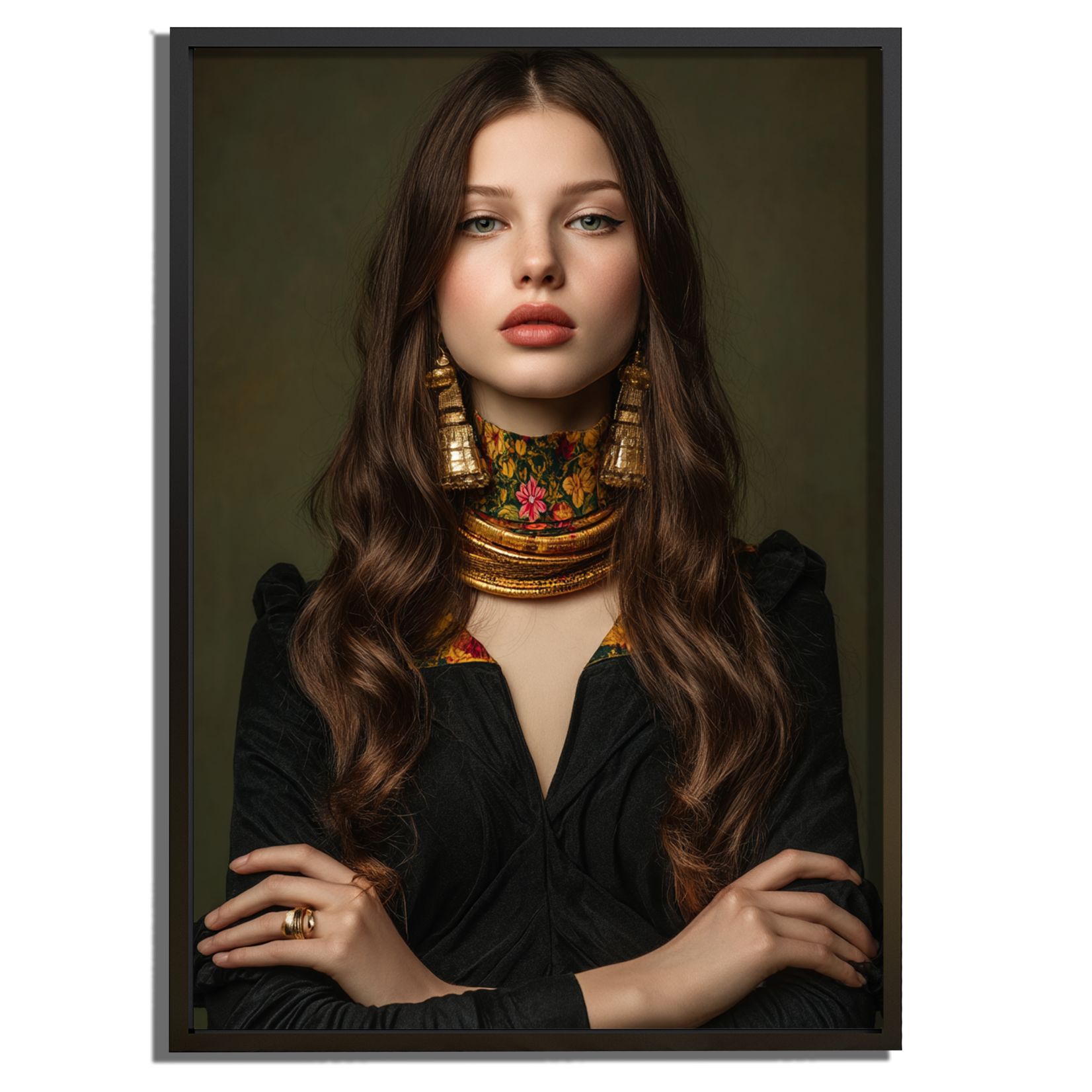 Close-up van het kunstwerk "Mona Lisa Iconic", met gedetailleerde kleding, luxe sieraden en een elegante, mysterieuze uitstraling.