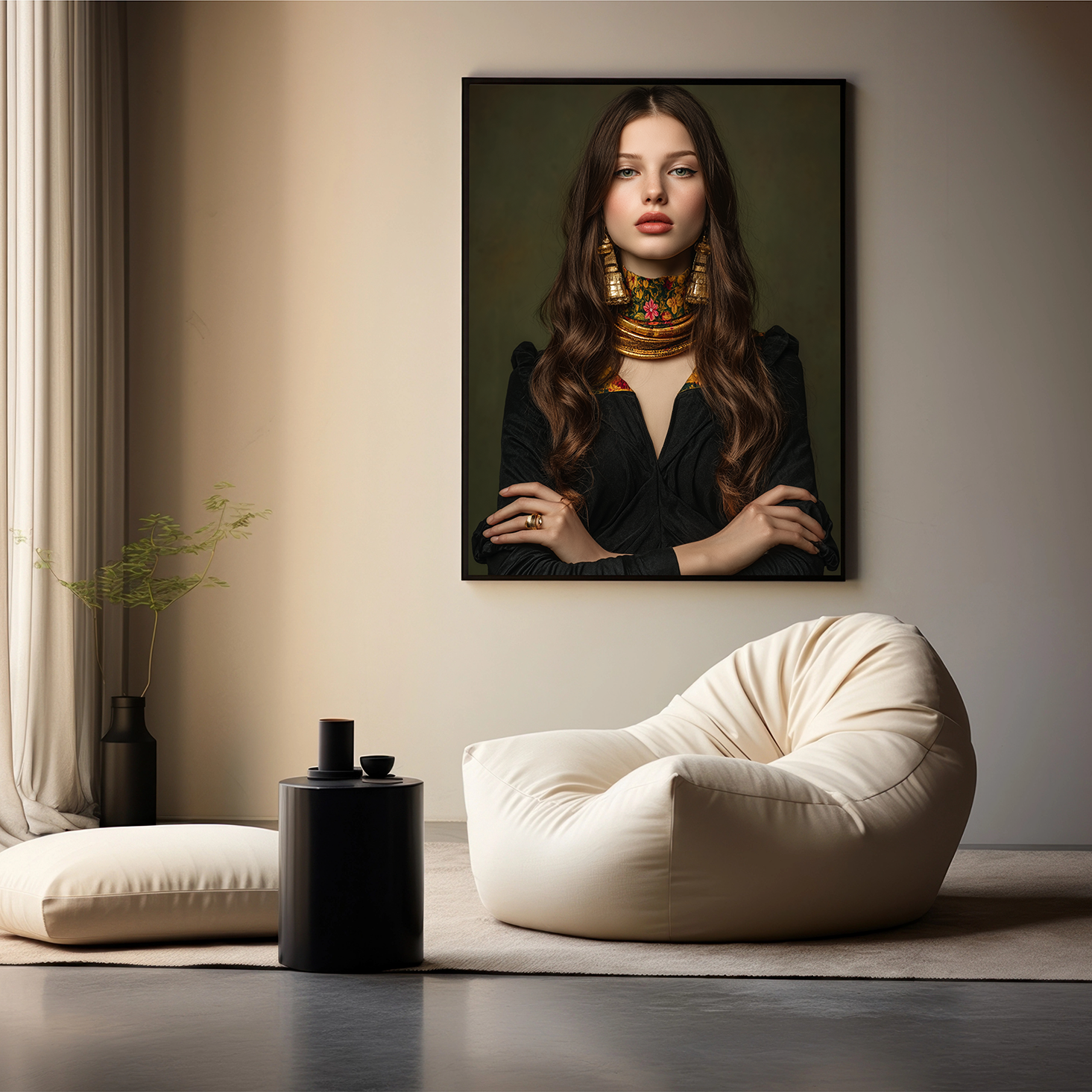 Het stijlvolle kunstwerk "Mona Lisa Iconic" prominent afgebeeld in een moderne woonkamer met zachte beige zitzak en minimalistische decoratie.