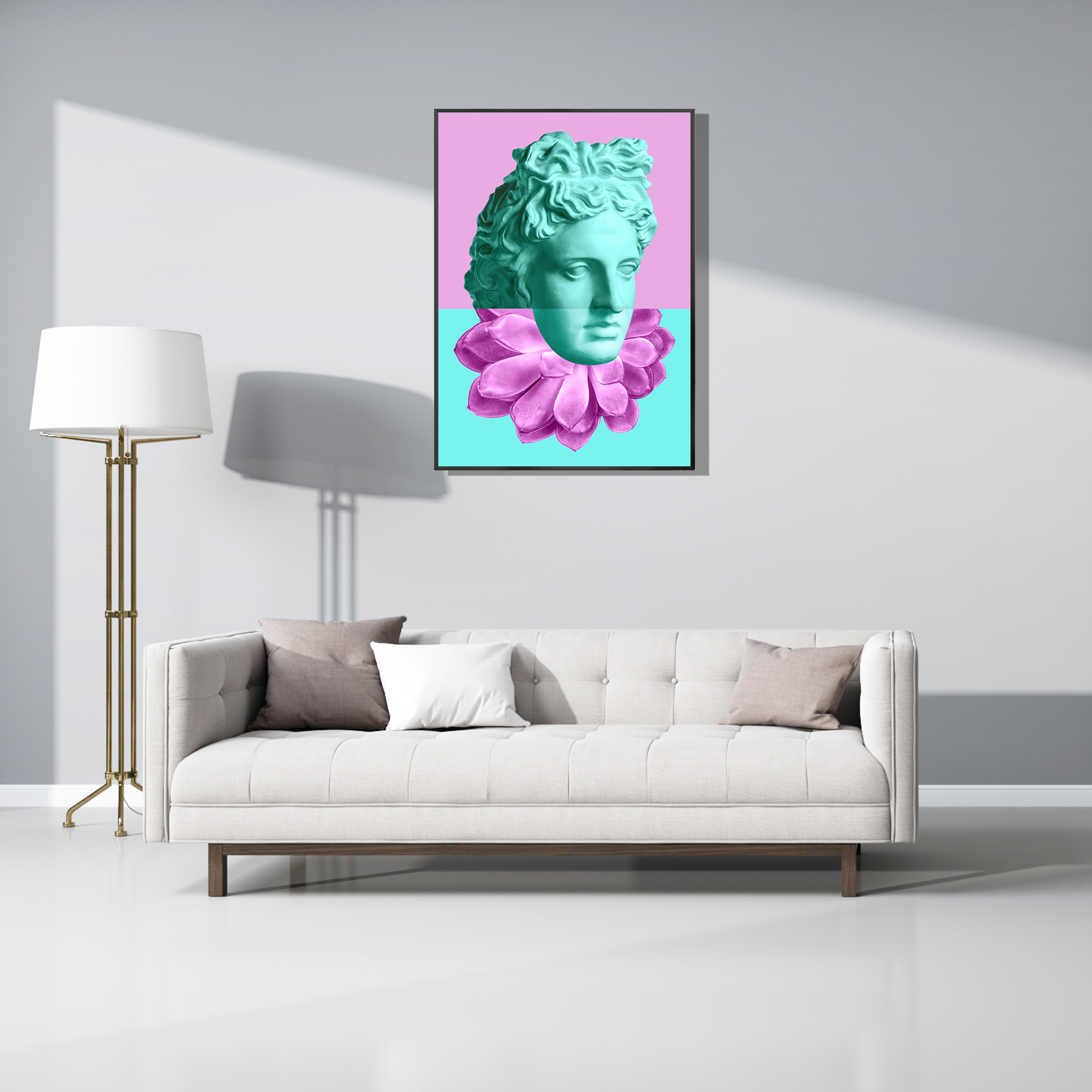 Moderne pop-art wanddecoratie Neon Apollo Bloom boven een stijlvolle bank in een minimalistisch interieur.