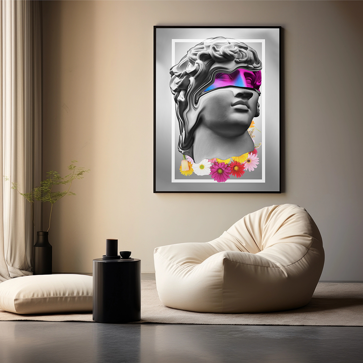 Wanddecoratie "Neon David" uit de Pop Icons collectie elegant gepresenteerd boven een witte designbank.