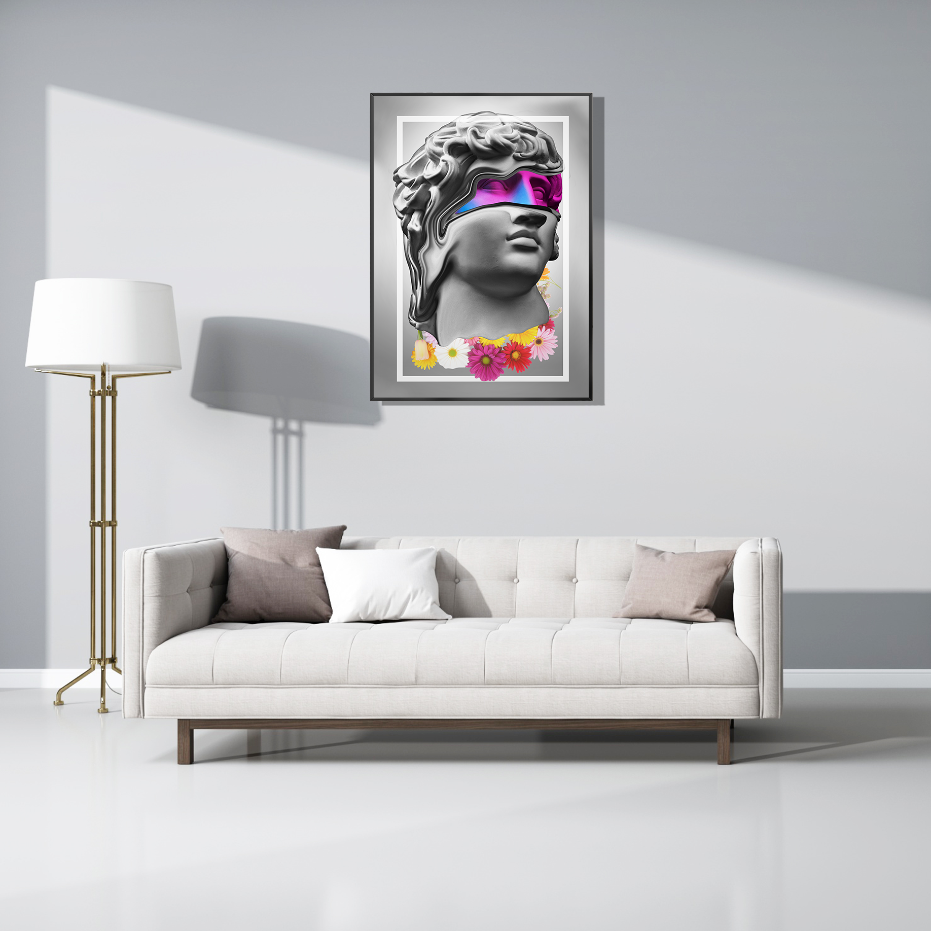 Het kunstwerk "Neon David" uit de Pop Icons collectie, stijlvol weergegeven boven een zitzak in een minimalistische woonkamer.