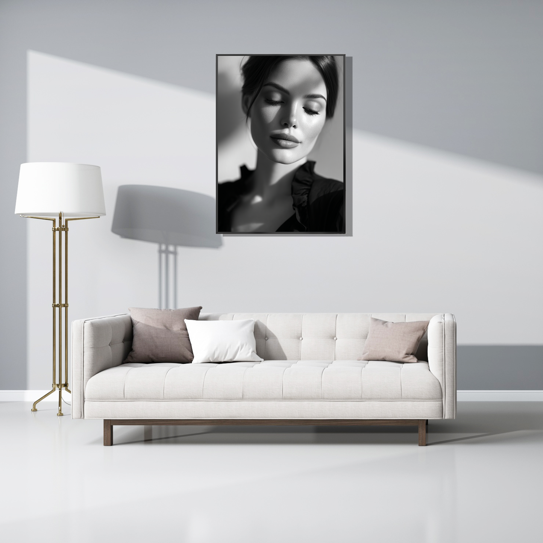 Wanddecoratie "Noir Grace" elegant weergegeven boven een witte designbank in een strak, modern interieur.