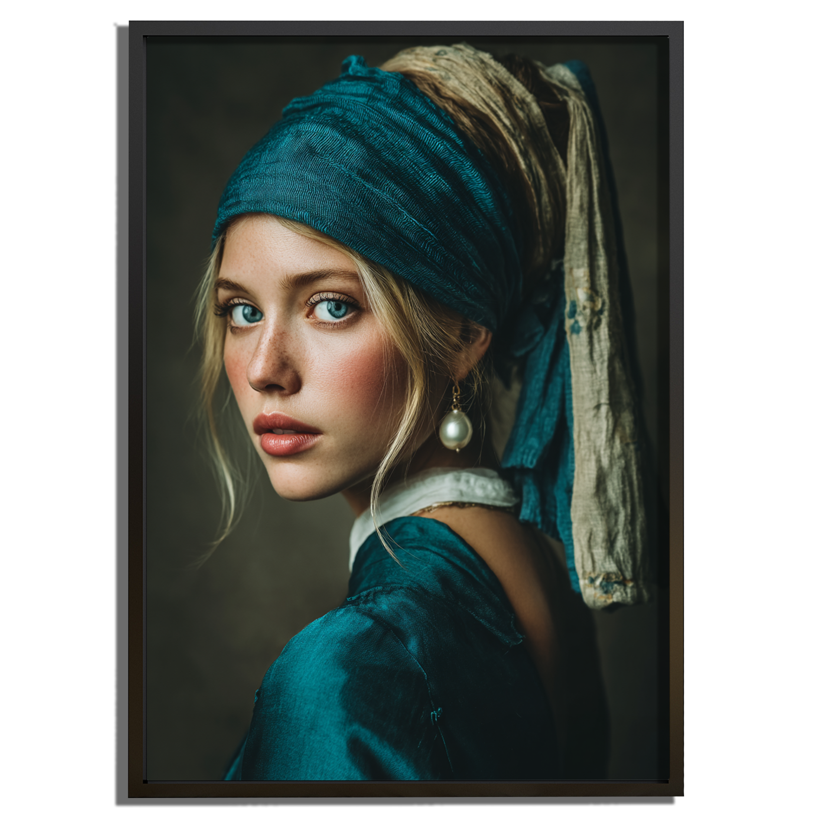 Close-up van het kunstwerk "Pearl Essence", geïnspireerd op "Meisje met de Parel", met een jonge vrouw, stijlvolle blauwe kleding en een elegante pareloorbel.