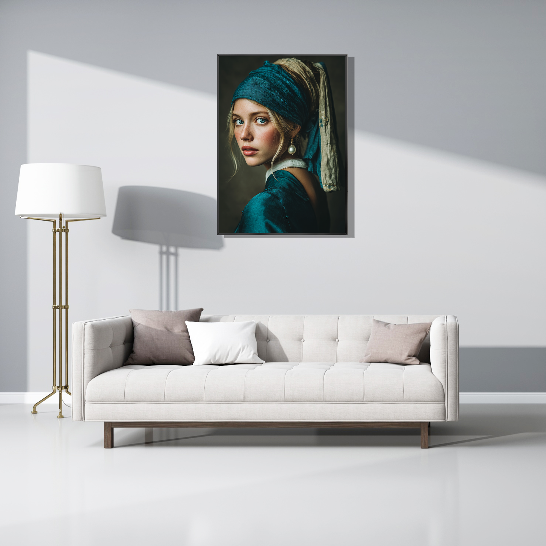 Wanddecoratie "Pearl Essence" elegant getoond boven een stijlvolle witte bank in een helder en strak ingericht interieur.