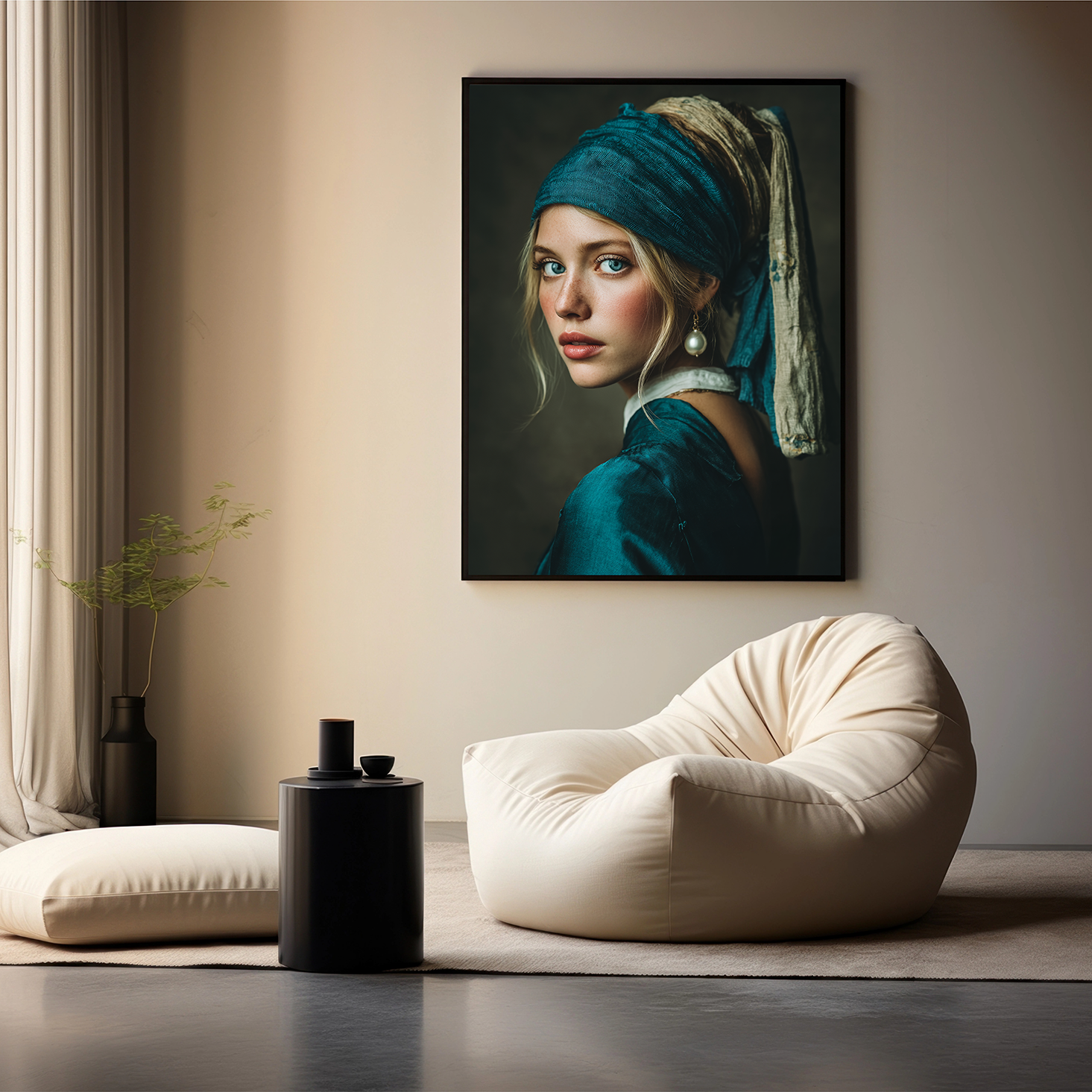 Het verfijnde kunstwerk "Pearl Essence" sfeervol afgebeeld in een moderne woonkamer met beige zitzak en minimalistische decoratie.