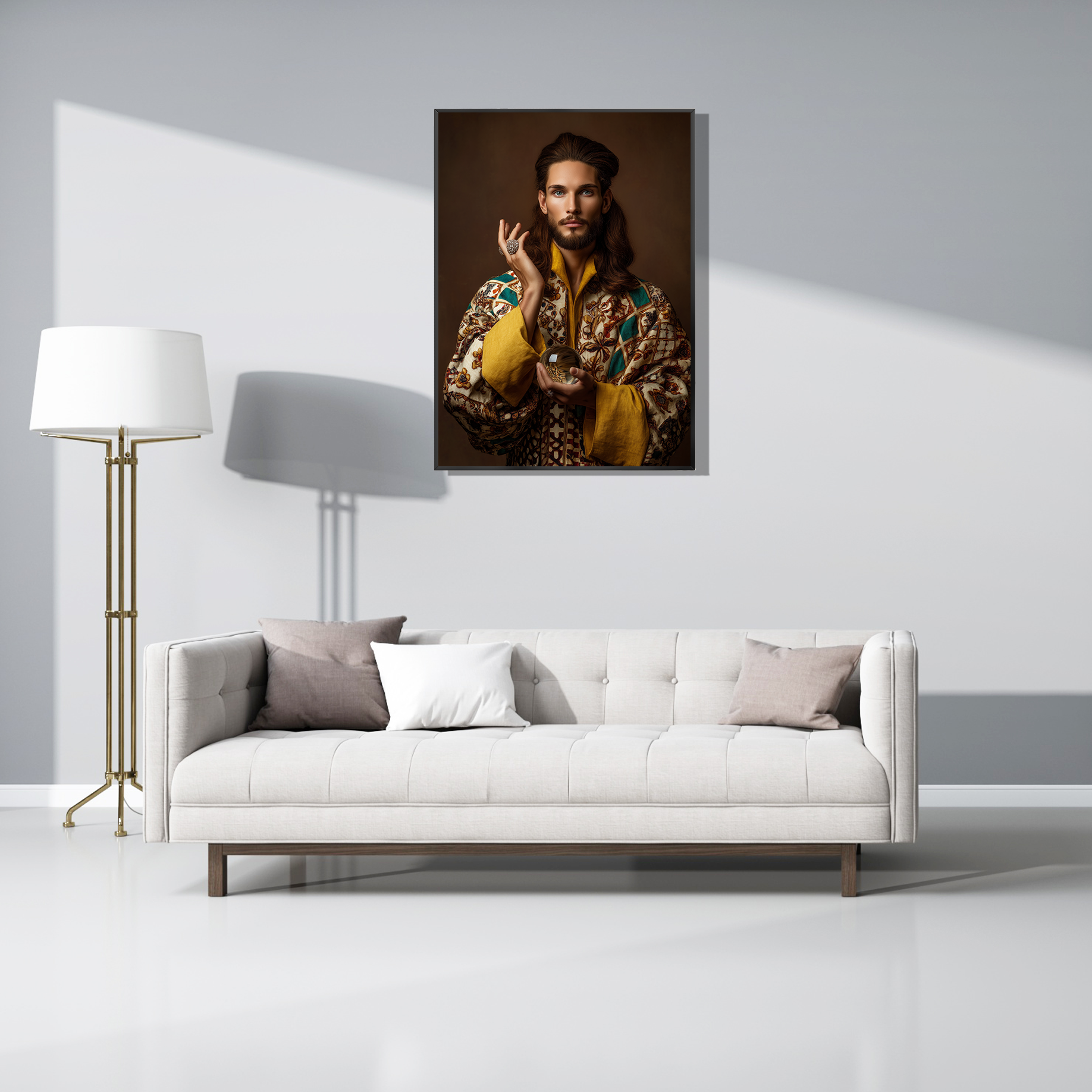 Luxe kunstwerk "Salvator Mystique" geprint op modern materiaal, stijlvol gepresenteerd boven een elegante witte bank in een strak interieur.