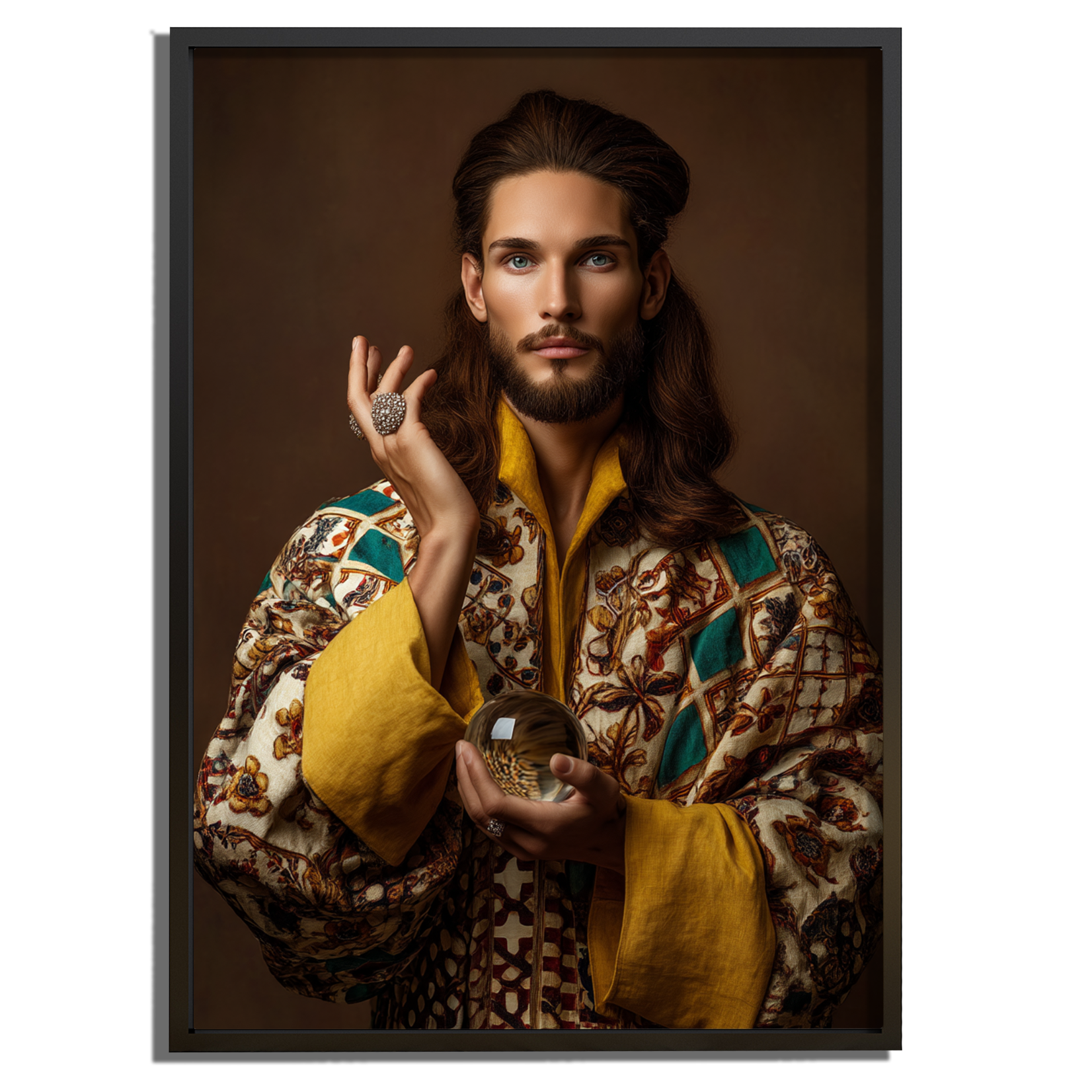 Close-up van het kunstwerk "Salvator Mystique" geprint op hoogwaardig materiaal, met gedetailleerde kleding en mysterieuze sfeer.