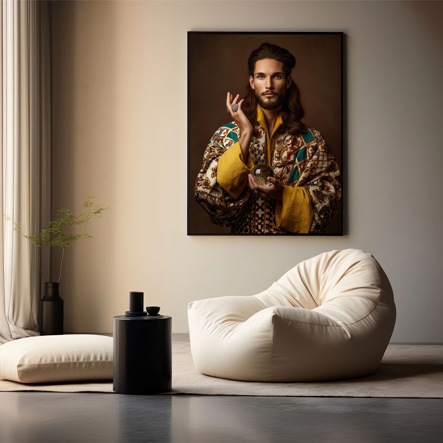 Wanddecoratie "Salvator Mystique" stijlvol afgebeeld in een eigentijdse woonkamer met beige zitzak en minimalistische inrichting.